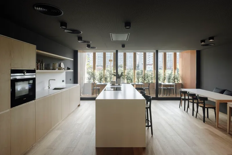 Kitchen and dining area with black corrugated ceiling and floor-to-ceiling windows to a terrace