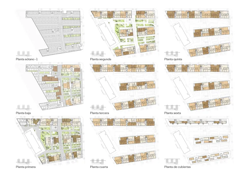 Floor plan drawings showing the layouts of multiple levels from basement to rooftop