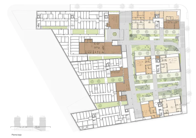 Ground floor plan drawing showing residential blocks with green courtyards and a street grid