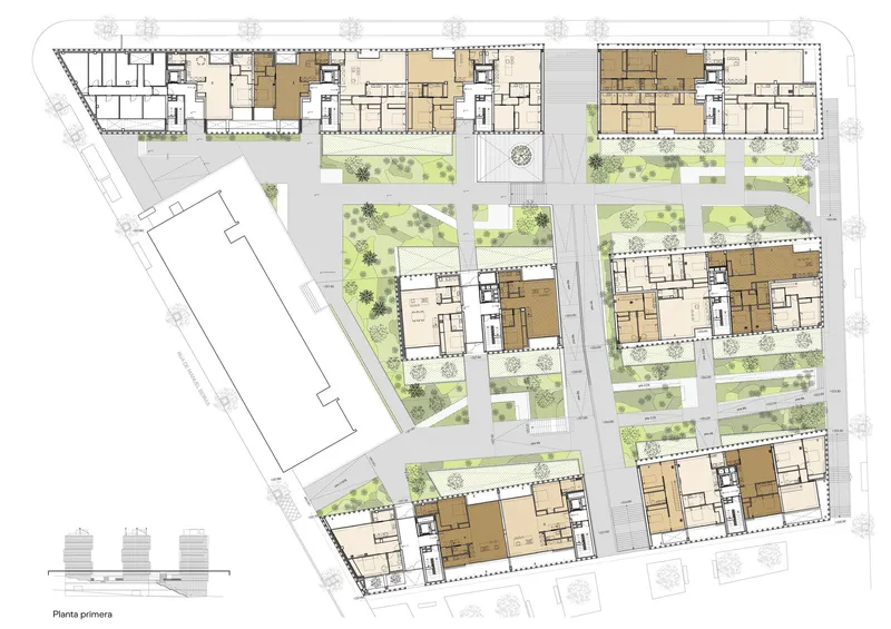 First floor plan drawing showing residential units arranged around landscaped courtyards and pedestrian streets
