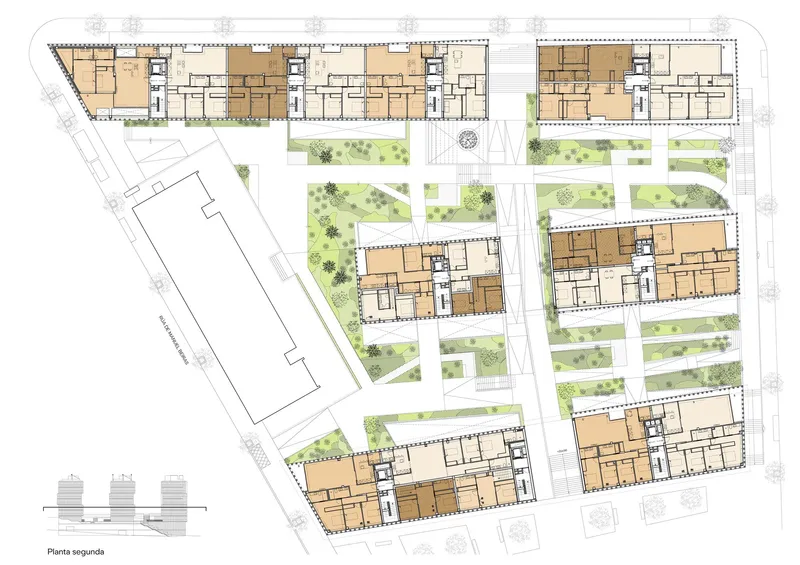 Second floor plan drawing showing residential units with planted courtyards between building volumes