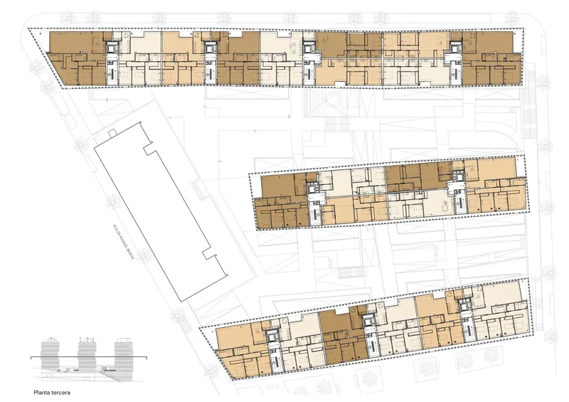 Third floor plan drawing showing residential units in linear blocks with central circulation cores