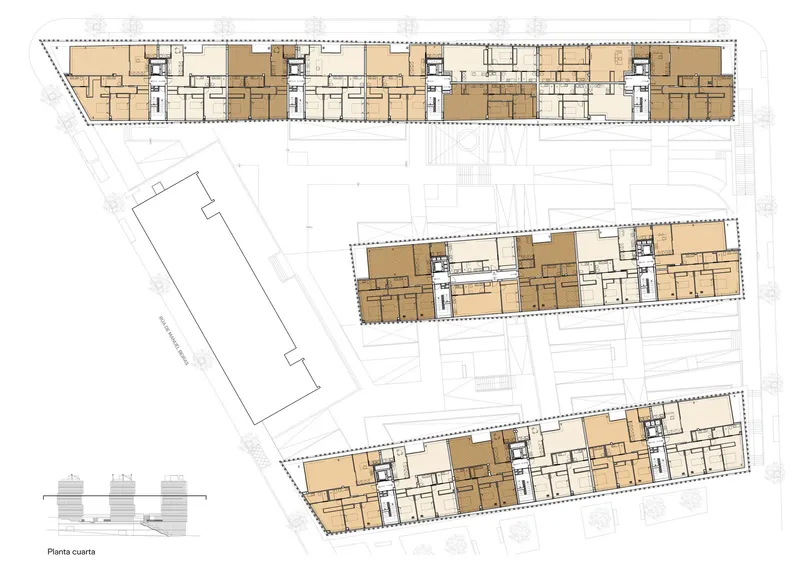 Fourth floor plan drawing showing residential units in three linear blocks with stair cores