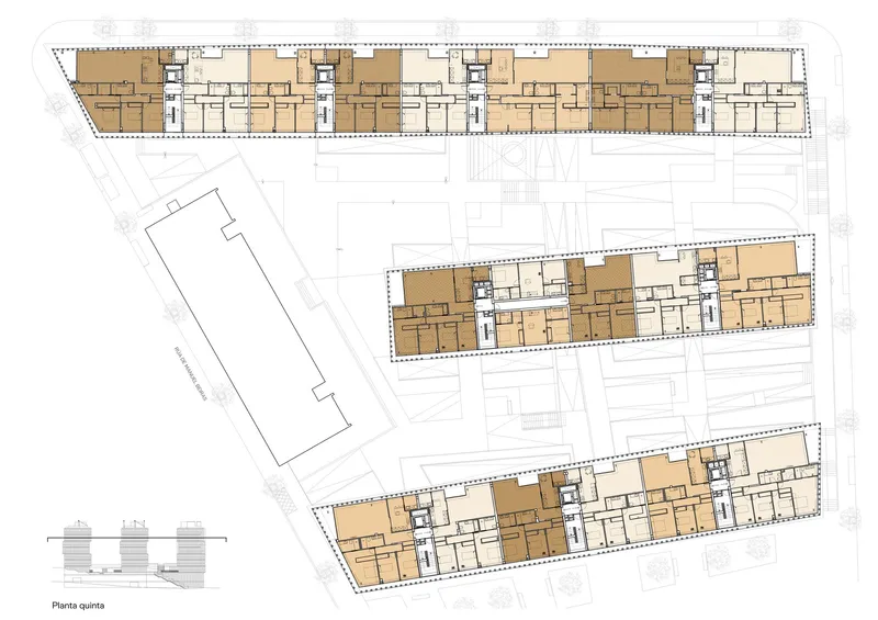 Fifth floor plan drawing showing residential units in three linear blocks with vertical circulation cores