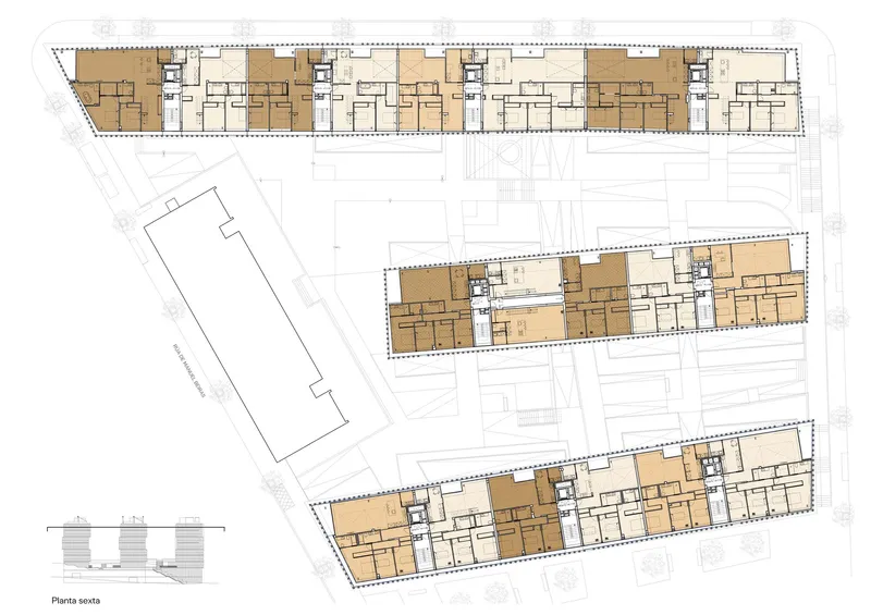Floor plan drawing showing three parallel residential bars with repeating unit layouts and circulation cores