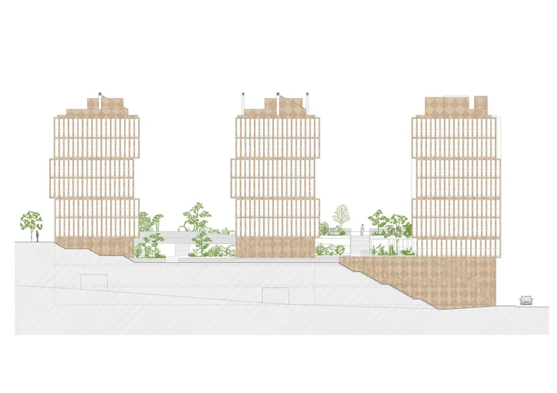 Elevation drawing showing three tower blocks with gridded facades and rooftop terraces surrounded by trees