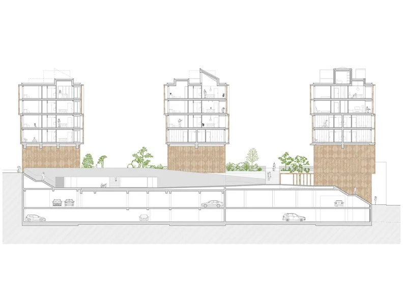 Section drawing showing three towers above a shared parking garage with landscaped courtyard between buildings