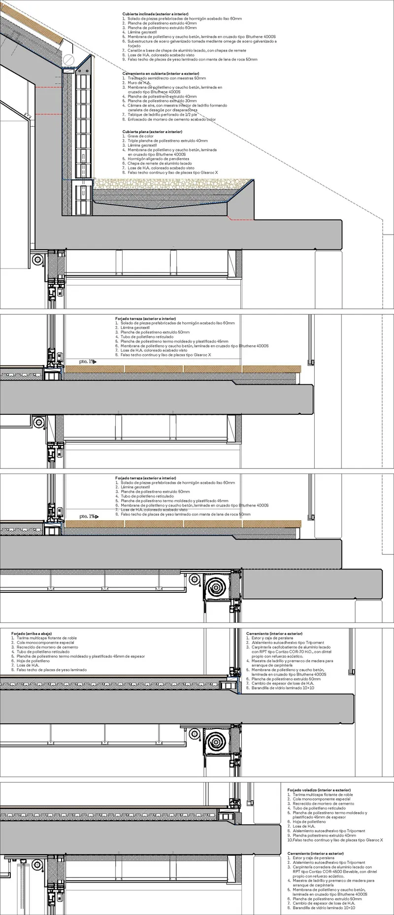 Detail section drawing showing window sill assembly and floor slab connections with annotations