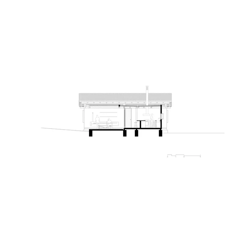 Section drawing showing living area under thatched roof with elevated floor on pilotis