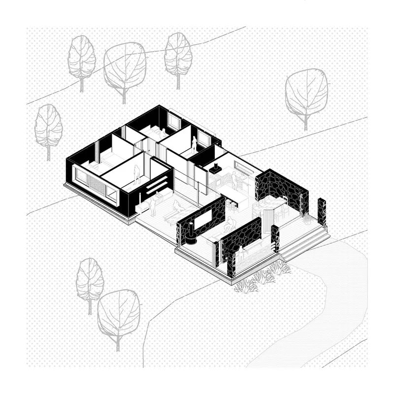 Isometric cutaway drawing revealing the interior layout with rooms and courtyard beneath the roof forms