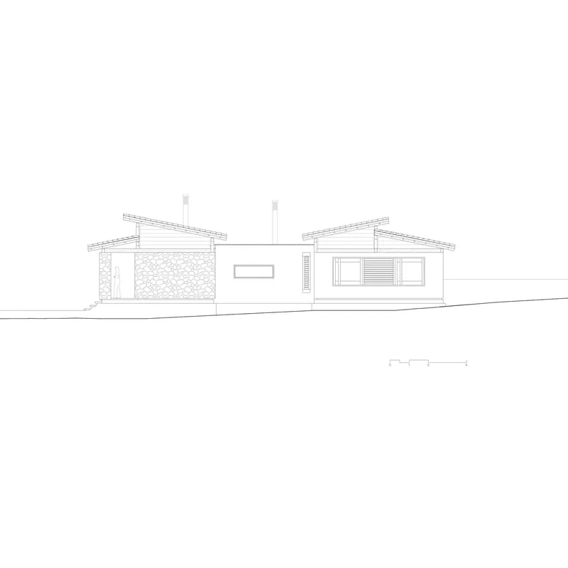 Elevation drawing showing two gabled wings with stone facade and central glazed opening