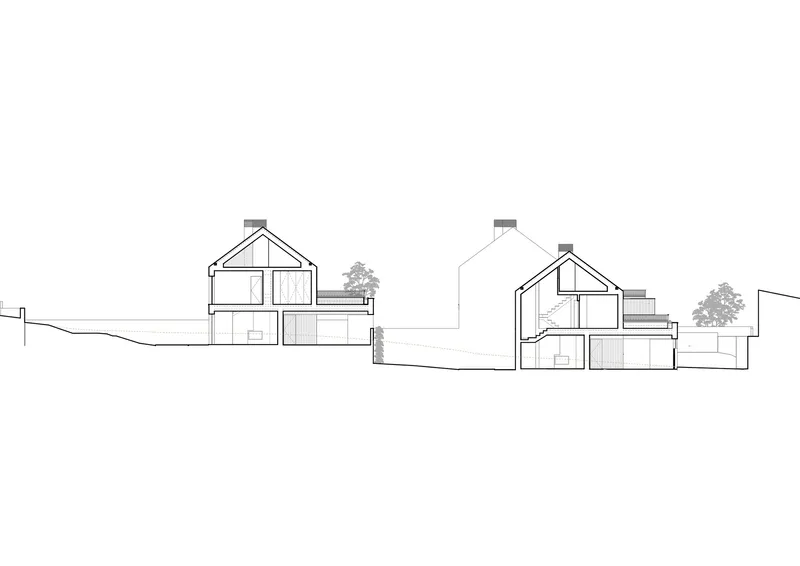 Section drawing showing two gabled houses stepping down a sloping site with trees
