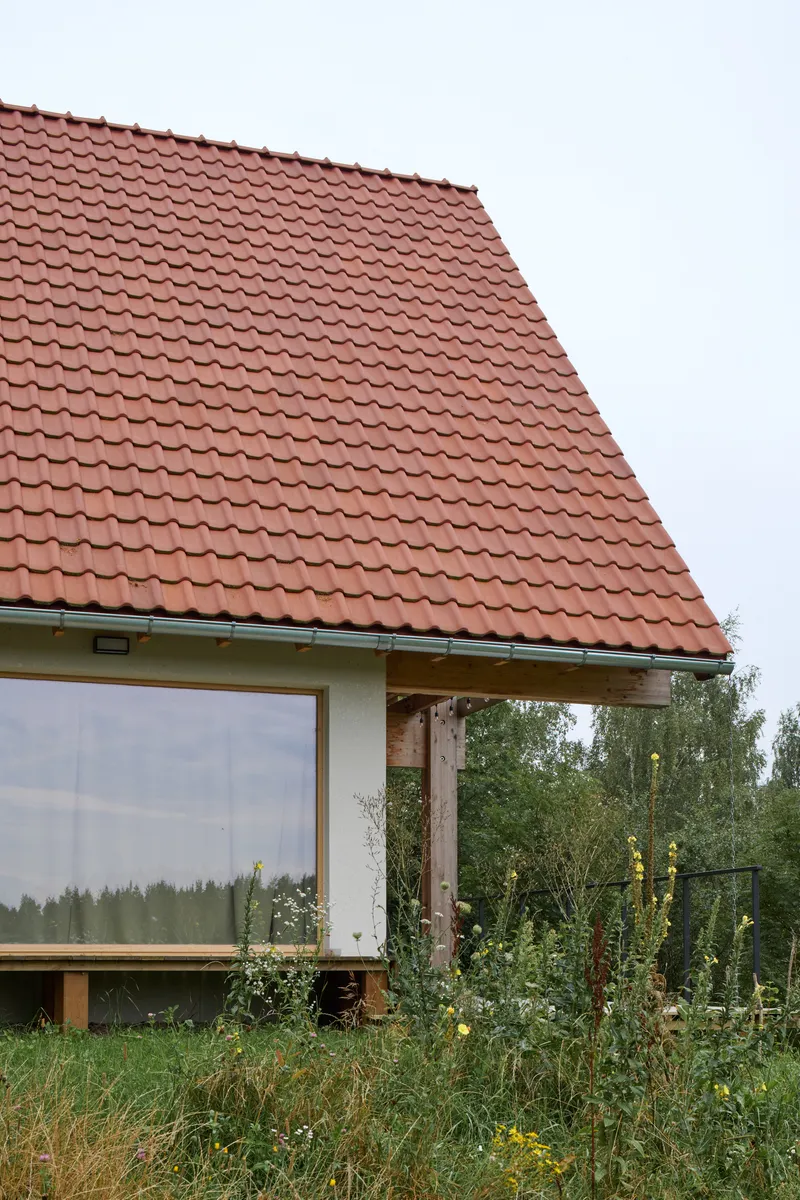 Steep terracotta tile roof above a glazed corner with tall grasses and wildflowers in the foreground