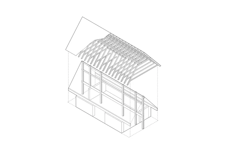 Axonometric drawing showing the gable roof structure with exposed rafters above a glazed lower volume