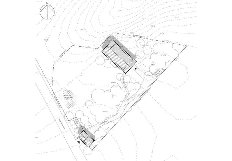 Site plan drawing with topographic contours showing two gabled structures among circular tree canopies on a slope