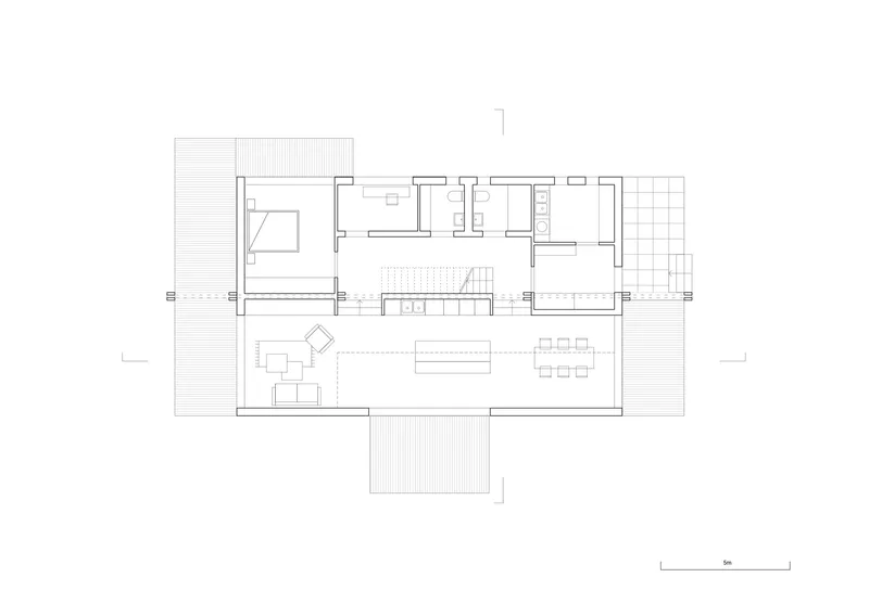 Floor plan drawing showing a linear layout with bedrooms and bathrooms flanking a central living and dining area