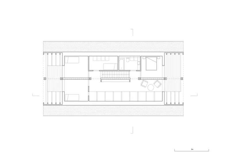Floor plan drawing showing the upper level with a central staircase opening and surrounding terraces