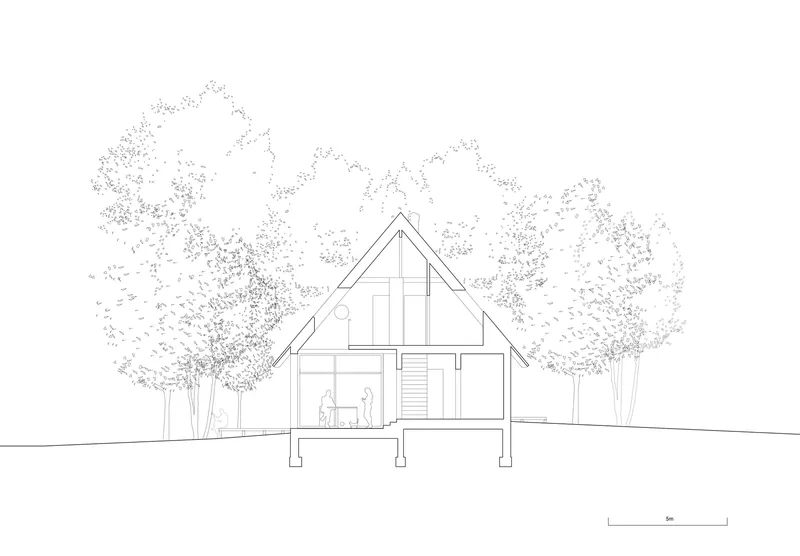 Section drawing showing the pitched roof structure elevated on columns among sketched trees