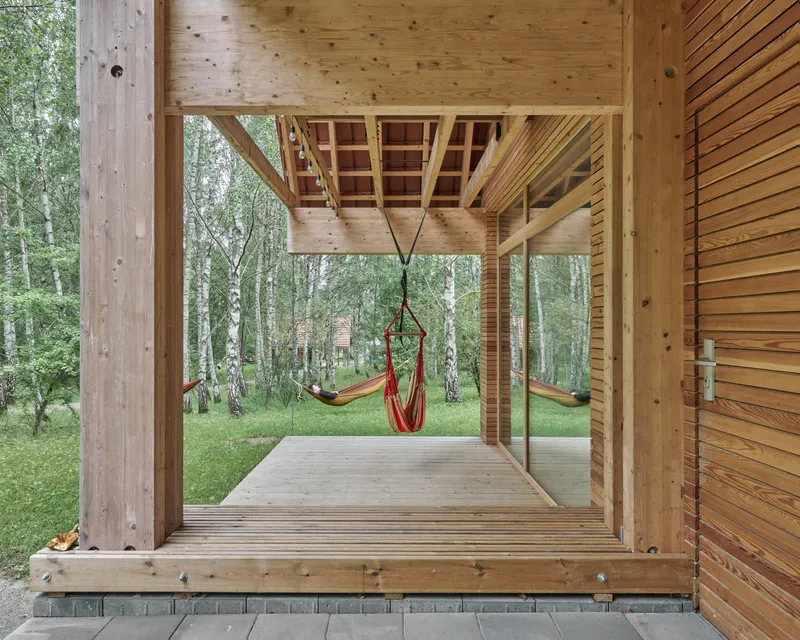 Ground-level timber deck with exposed joists overhead and hanging chair suspended among birch trees