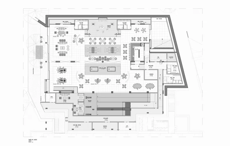 Floor plan drawing showing the dining hall layout with seating clusters and service zones