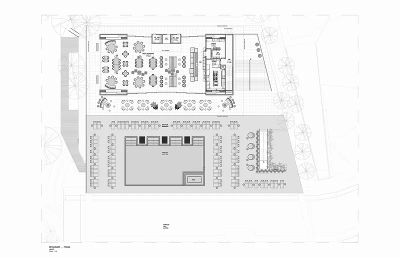 Floor plan drawing showing the restaurant, dining terrace, pool area and landscaped courtyard