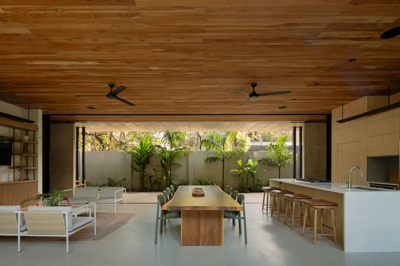 Open living and dining space with timber ceiling, folding glass doors facing planted courtyard