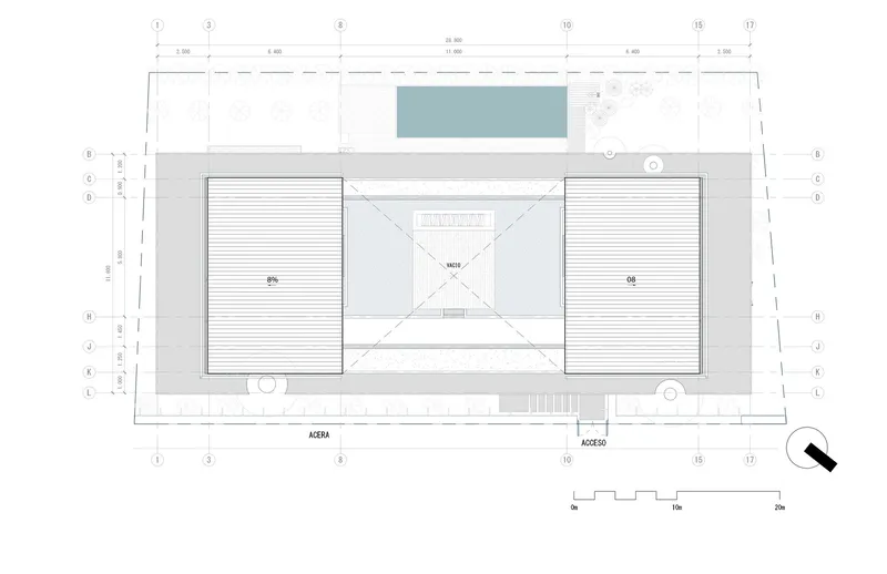 Roof plan drawing showing two flanking volumes with a central pool courtyard between them