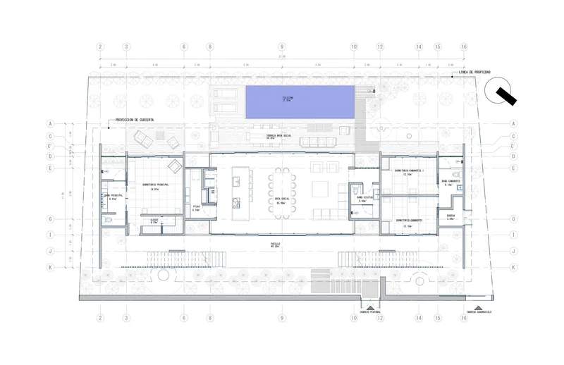 Floor plan drawing depicting open living spaces flanked by bedroom suites with a pool terrace above
