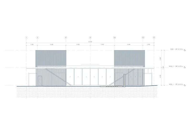 Elevation drawing showing a two-story facade with vertical slatted panels and rectangular glazed openings