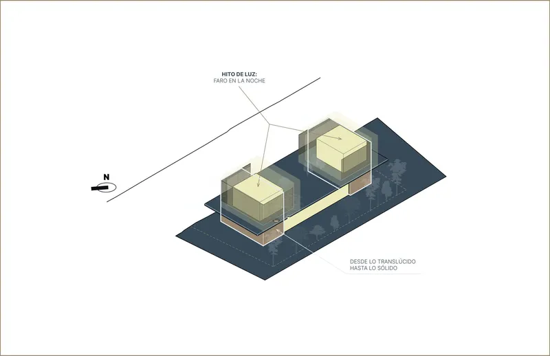 Isometric diagram illustrating two cubic volumes on a site with a skylight penetrating the roof