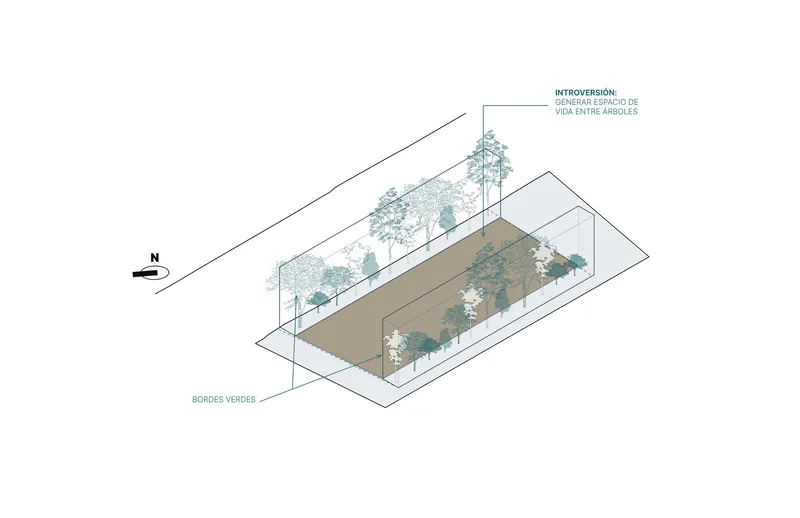 Isometric diagram showing a linear volume with planted courtyards and trees within a glazed perimeter