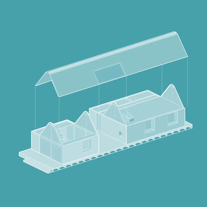 Axonometric drawing showing two gabled volumes connected by a terrace under a protective roof form