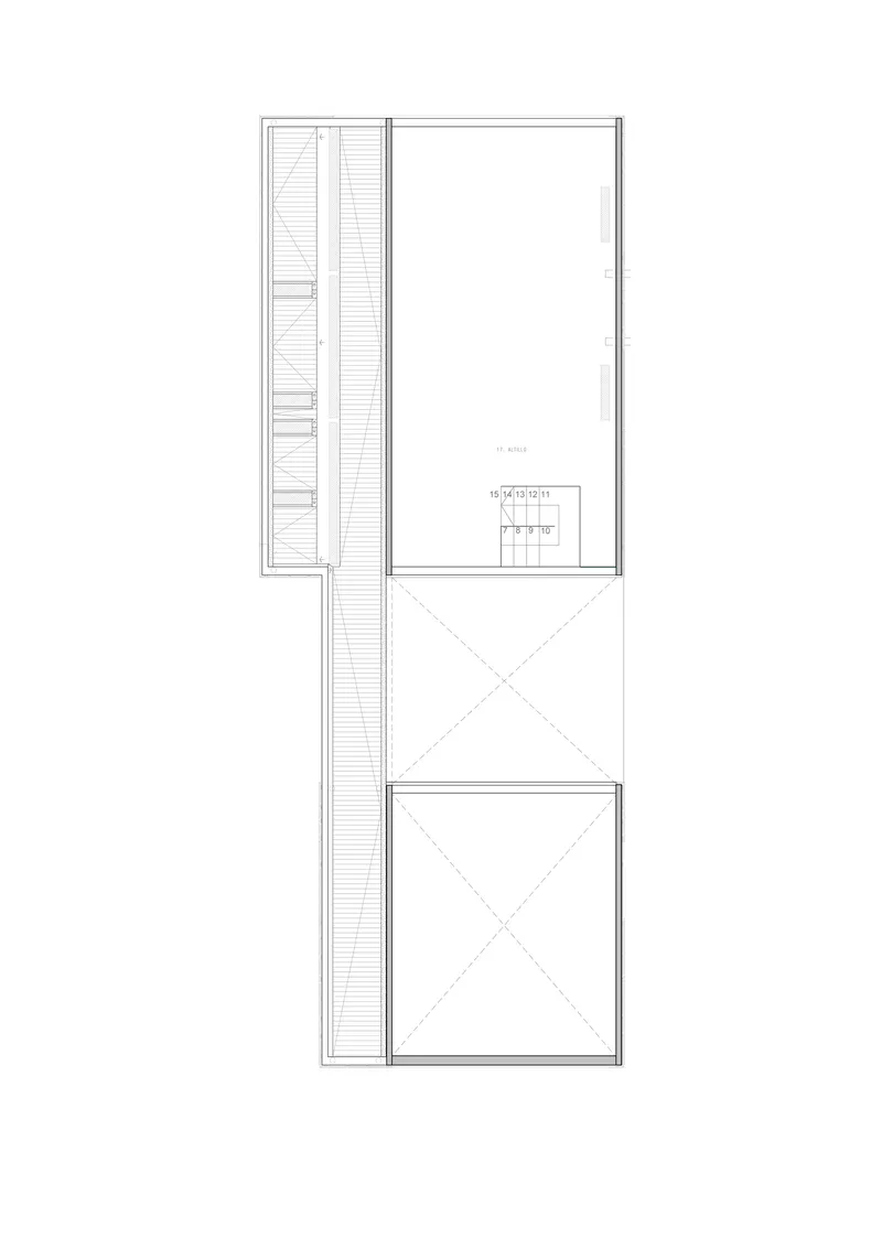 Floor plan drawing showing upper level with large open space and staircase accessing lower courtyard