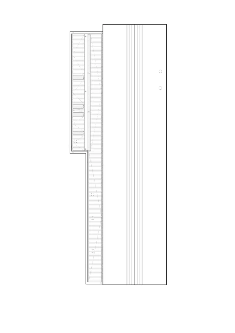 Roof plan drawing showing linear structure with vertical striping and service core on left edge