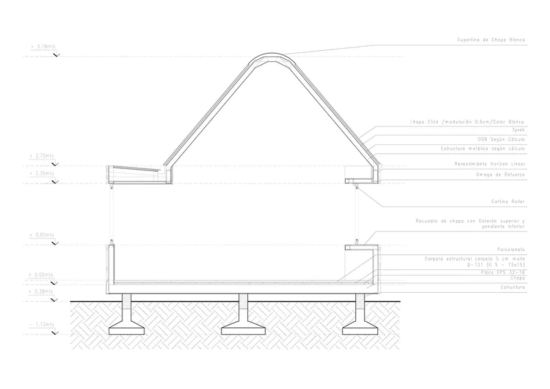Section drawing showing arched roof structure above ground level space with foundation on hatched soil