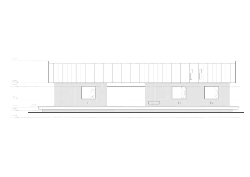 Elevation drawing showing long horizontal facade with vertical cladding and four square window openings