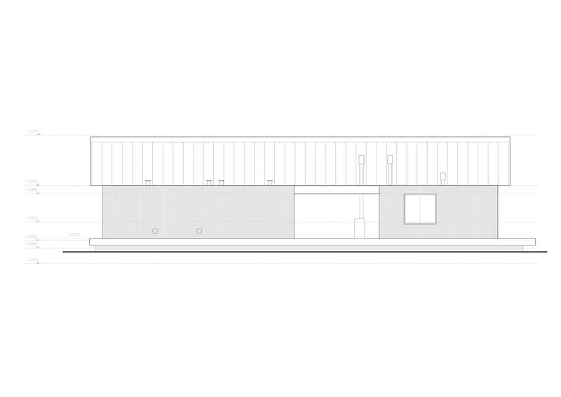 Elevation drawing showing horizontal facade with vertical siding, central entrance and single square window