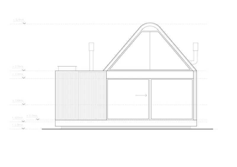 Section drawing showing corrugated wall panel, glazed openings, and arched double-layer roof structure