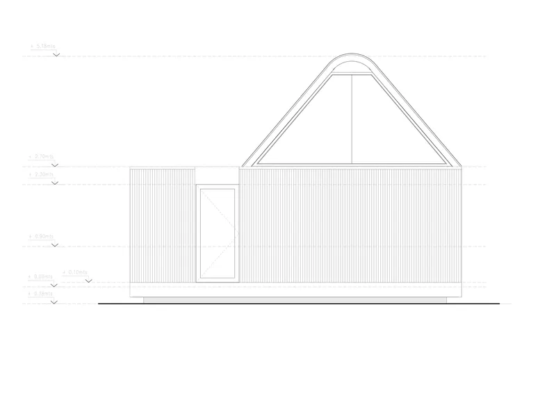 Elevation drawing showing a corrugated facade with single door and arched double-layer roof above