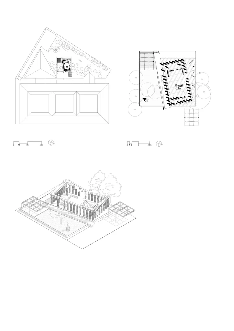 Section drawing, plan view, and axonometric drawing showing a colonnaded pavilion with surrounding landscape