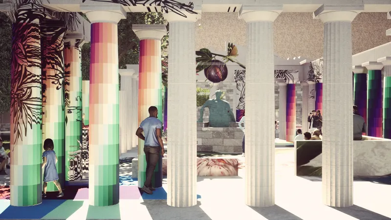 Interior view between fluted columns wrapped in rainbow gradients with visitors walking through filtered light