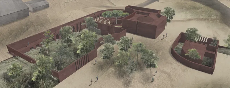 Overall view of the eco-chapel complex, where red earth volumes curve around preserved trees and open landscape.