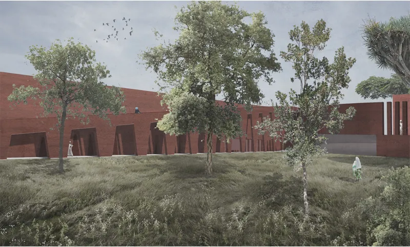Forest-facing exterior showing monolithic earth walls shaped by vegetation, procession, and shaded movement.
