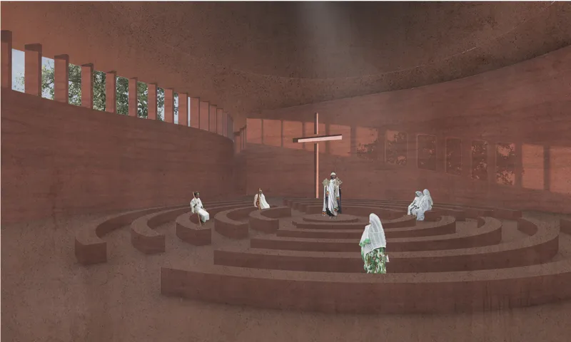 Major prayer room with circular seating, filtered light, and a central sacred focus within an earthen chapel interior.