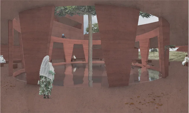 Crypt interior organized around a central tree, water, and sculpted earth surfaces for reflection and remembrance.