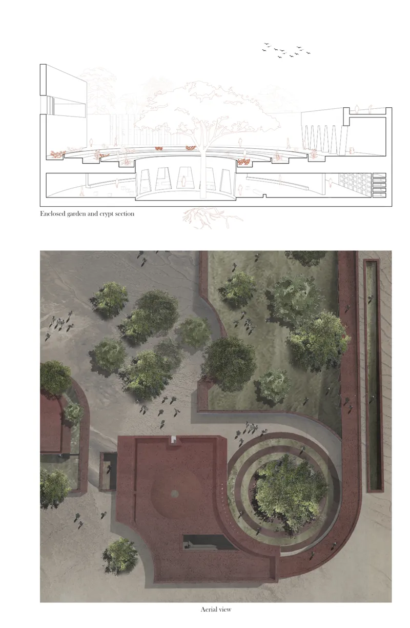 Section and aerial view showing the chapel’s layered relationship between garden, crypt, forest, and sacred circulation.