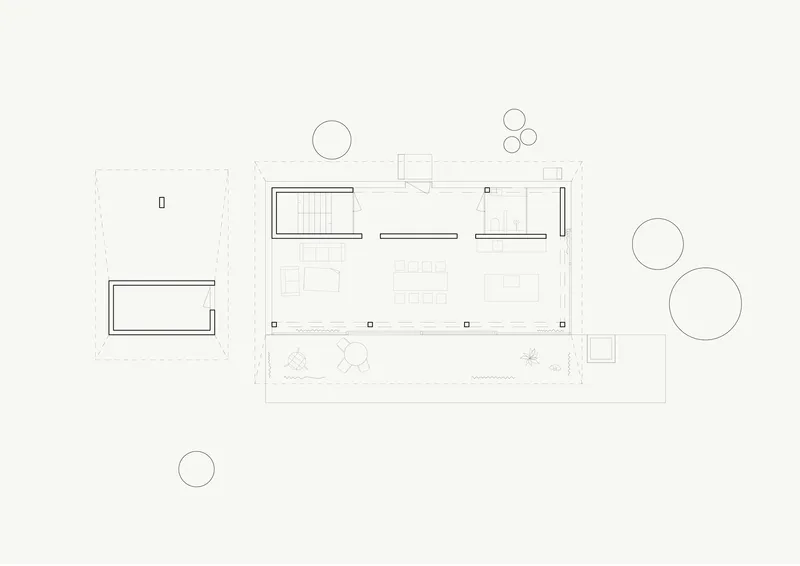 Floor plan drawing showing rectangular volume with perimeter terrace and two detached pool structures