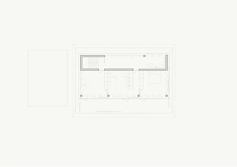 Floor plan drawing showing rectangular volumes with stairs and an adjacent outdoor terrace
