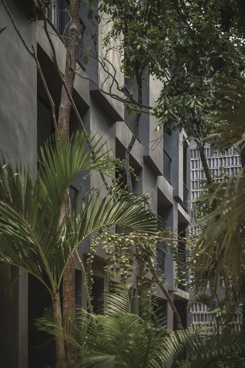 Textured concrete facade with vertical fins alongside tree trunks and fan palms in dappled light