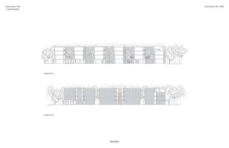 Long section drawings revealing the interior floor plates and stair cores within the residential volumes